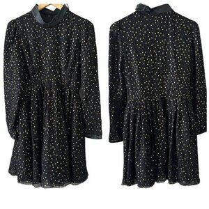 Jill Stuart Silk Dress 6 Black Gold Polka Dot Leather Trim Long Sleeve